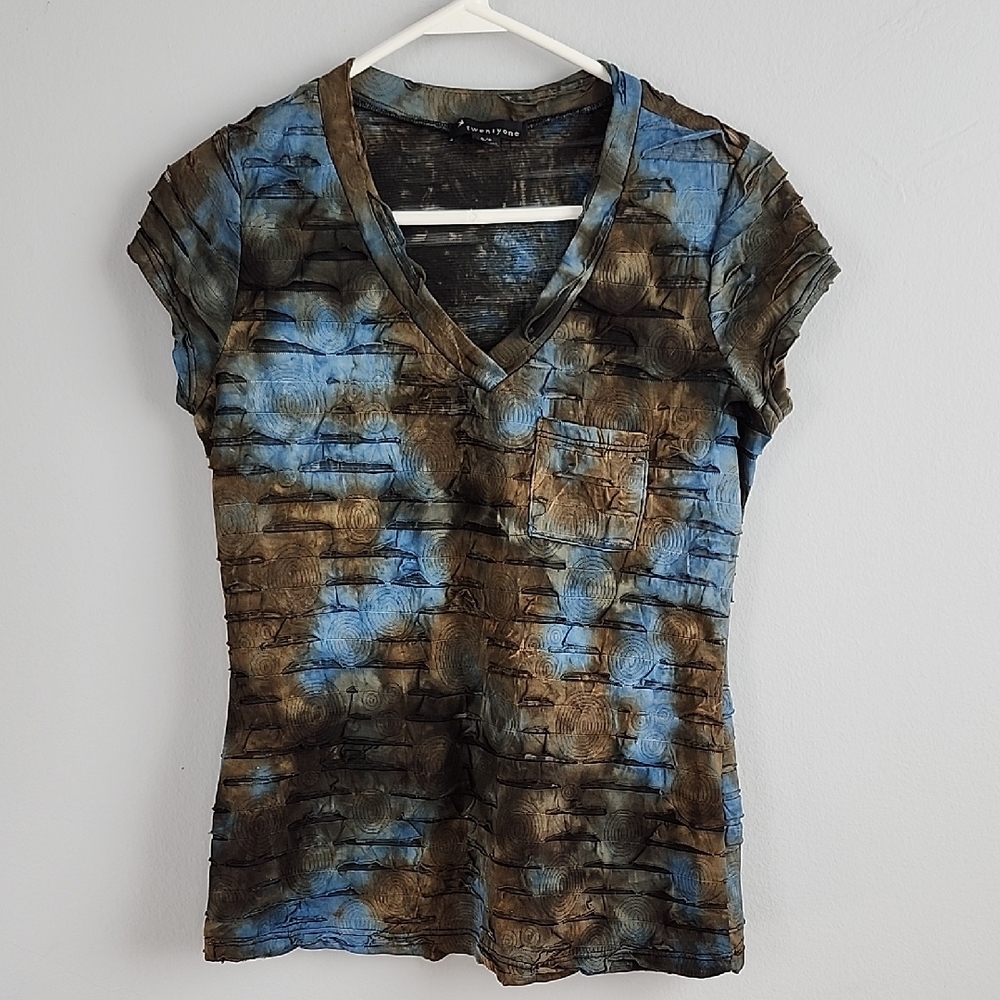 Forever 21 Blue and Brown V-Neck Tie-Dye Short Sleeve  Deconstructed Tee S